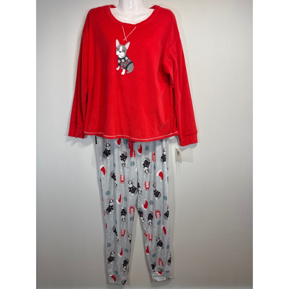 Kensie Women's Pajama Set French Bulldog Christmas Print Red Long Sleeve MED NWT
